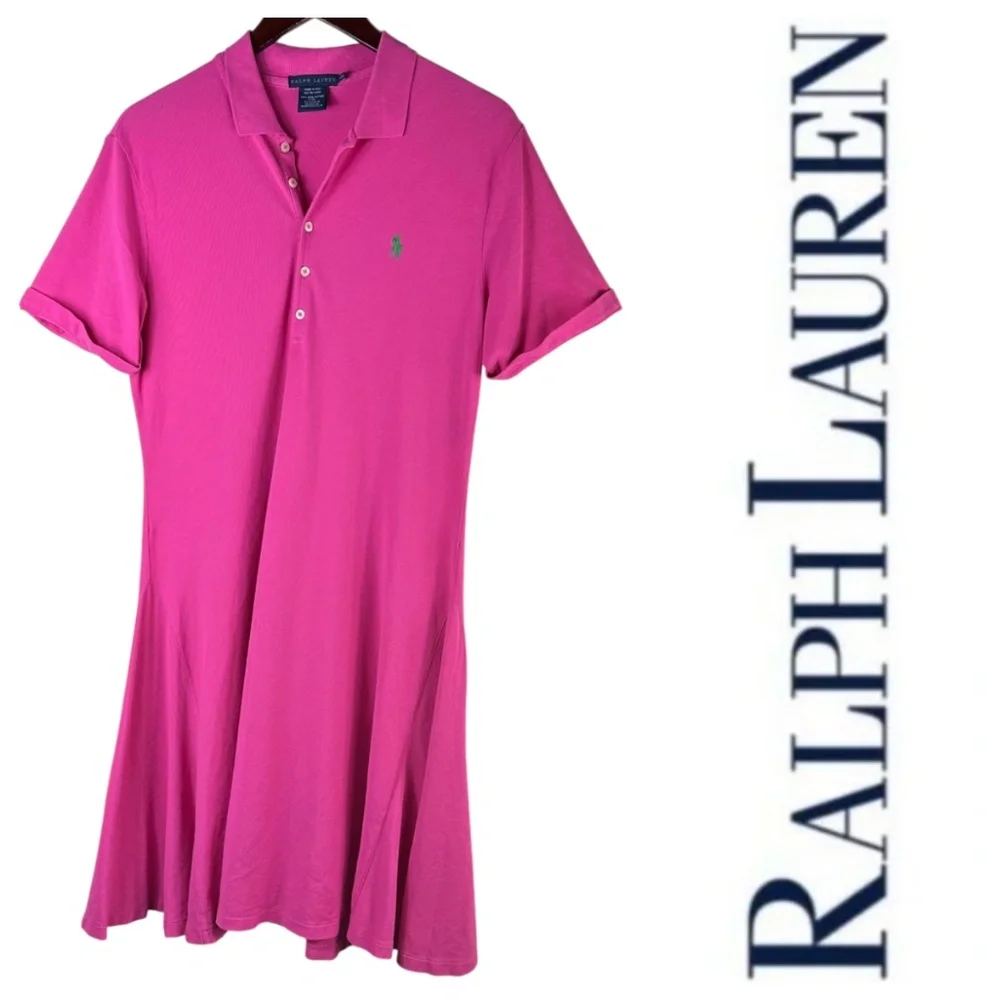 Ralph Lauren Polo Shirt Dress Sz Large 12 14 Hot Pink Flare Swing Tennis Sporty - Picture 2 of 5